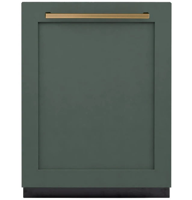 Green dishwasher with a gold handle and minimalist design.