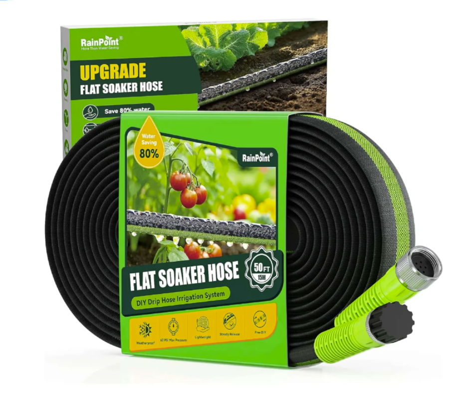 Flat soaker hose packaging with product details and images of plants.