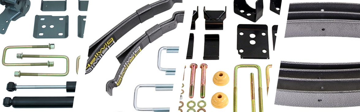 Photo collage of leaf springs and accessories for off-road vehicles.