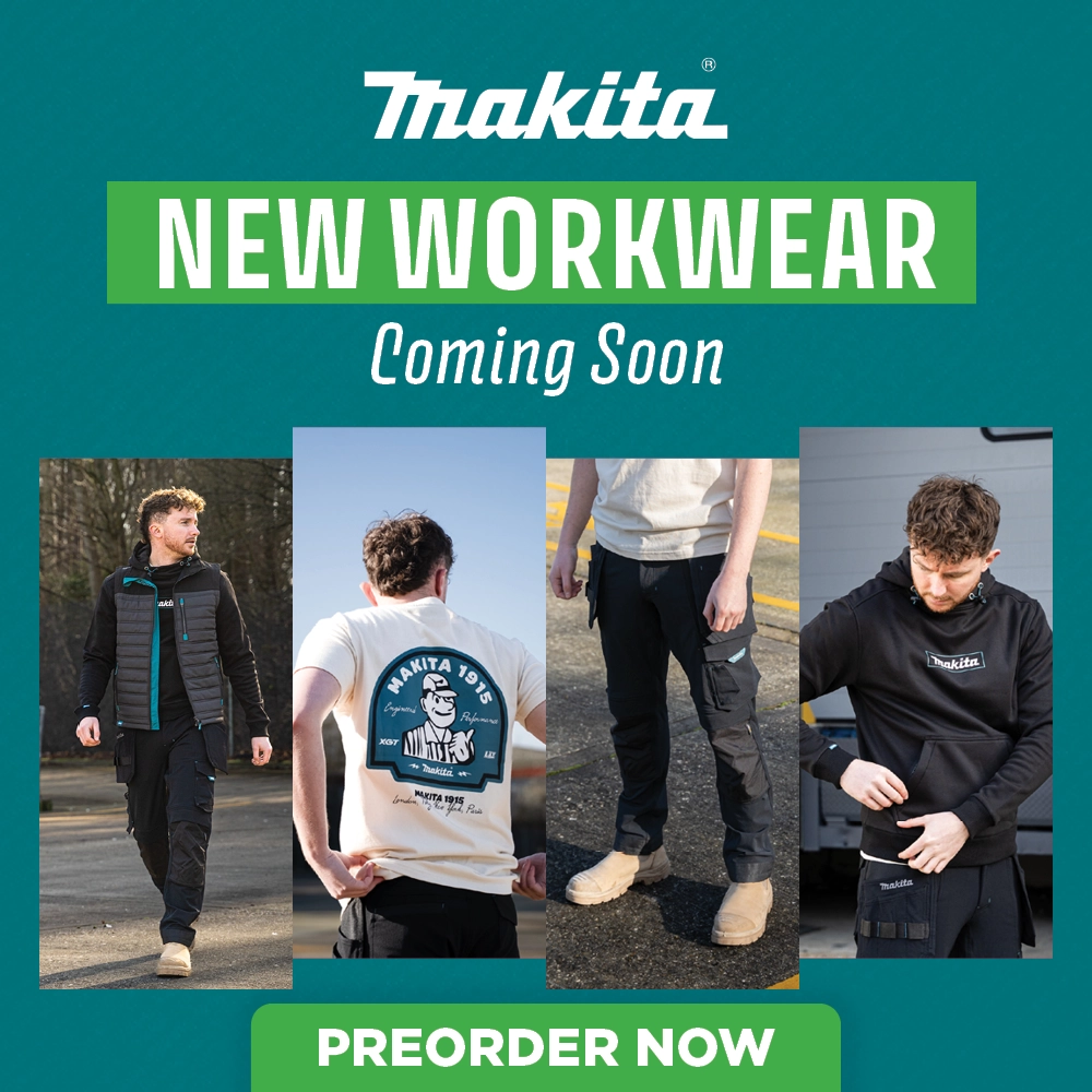 Makita new workwear advertisement with images of models wearing various outfits.
