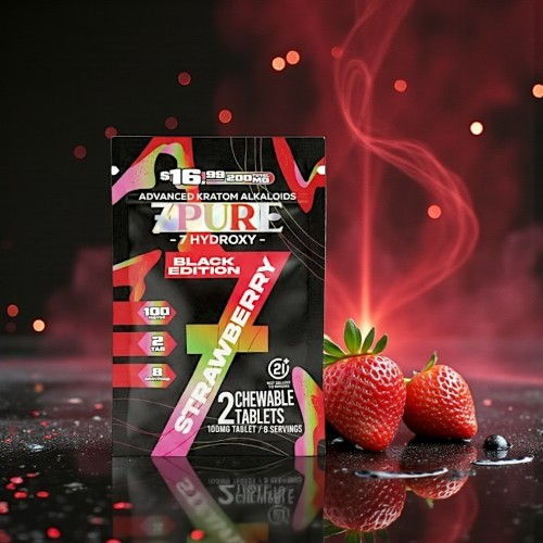 Strawberry-flavored supplement package with strawberries and a smoky background.