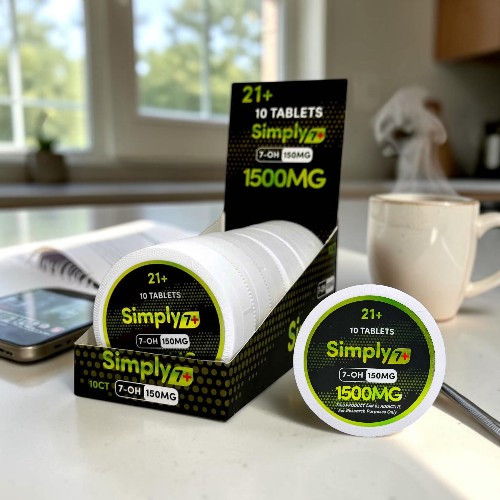 Containers of Simply product tablets on a kitchen countertop with a mug and phone.