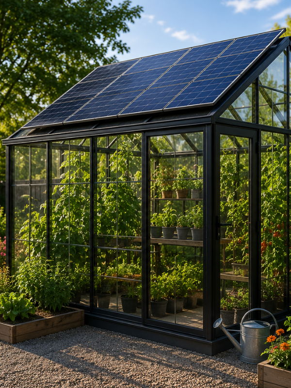 A solar-paneled greenhouse surrounded by plants and a watering can.