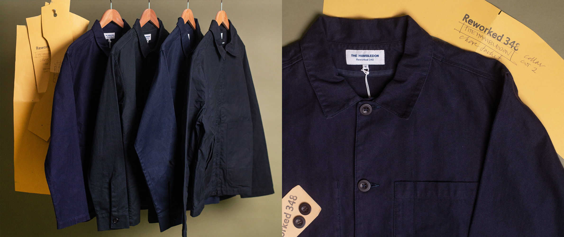 Five jackets hanging, featuring a close-up of one jacket's collar.