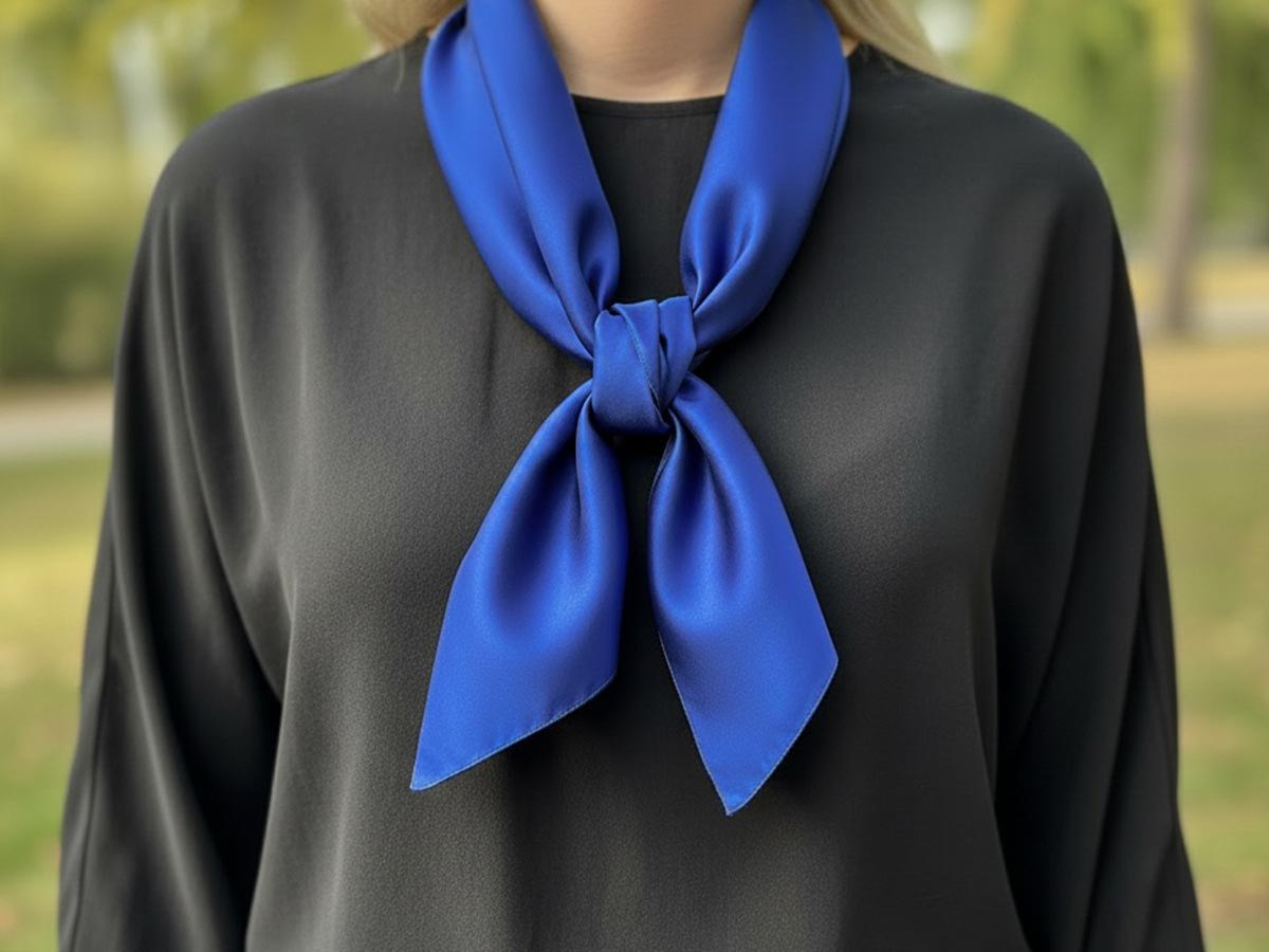 Woman wearing sapphire blue tied scarf with a black blouse