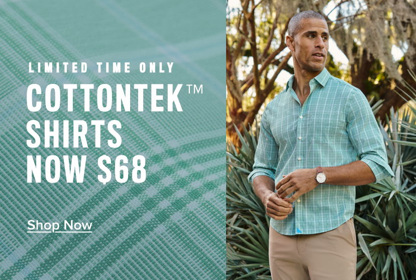 Man in a green checkered shirt promoting COTTONTEK shirts for $68.