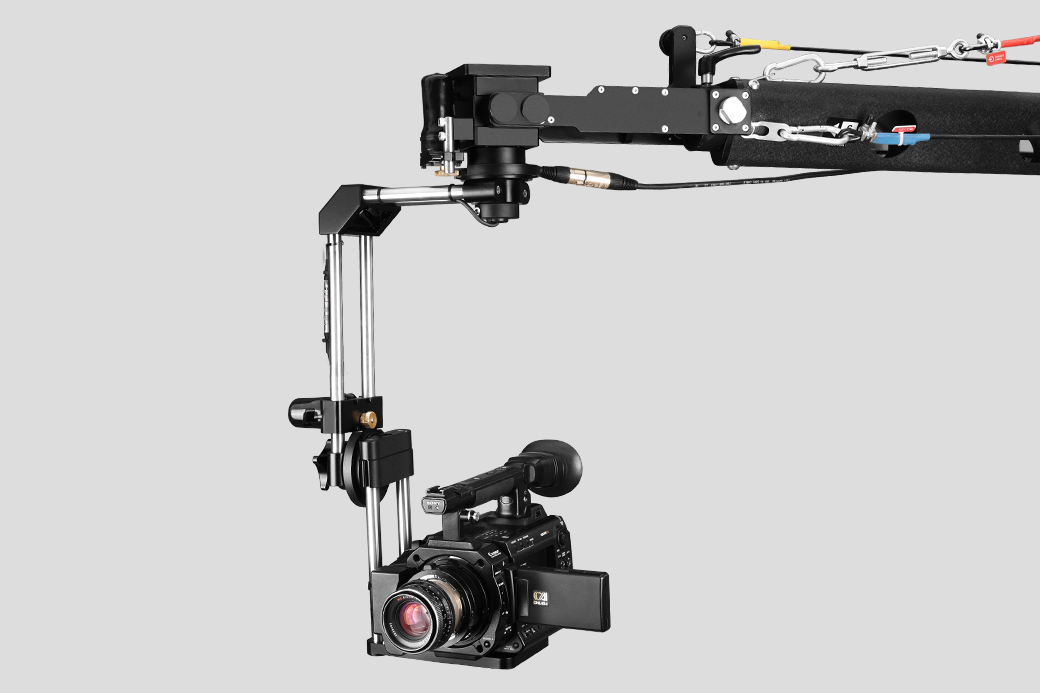 Camera mounted on a professional video crane arm.