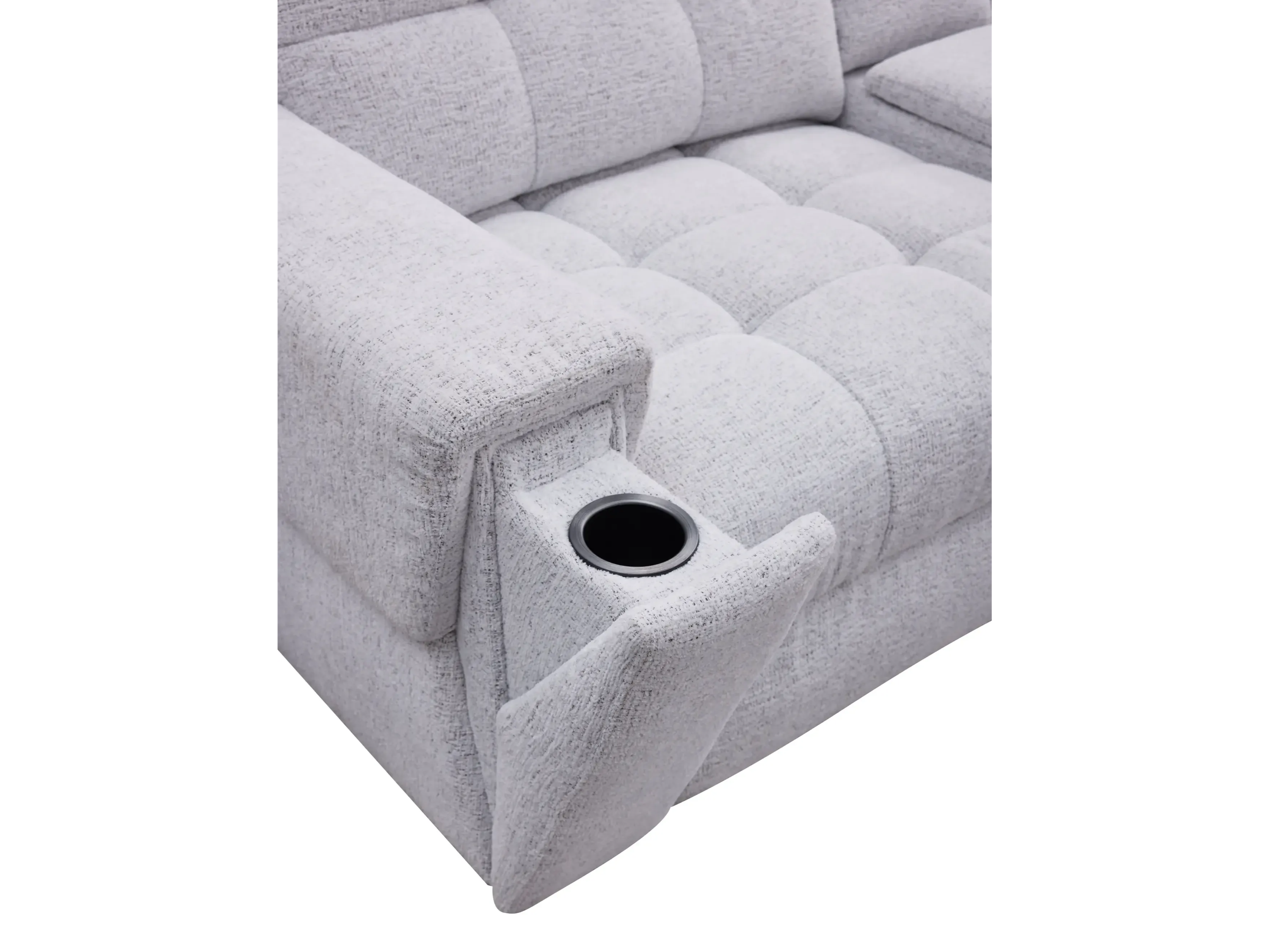 Gray fabric couch with a built-in cup holder on the armrest.