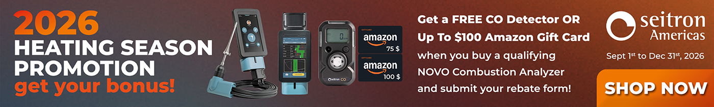 Seitron 2026 Heating Season Promotion - get a free CO detector or up to a $100 Amazon Gift Card with a qualifying NOVO Combustion Analyzer purchase