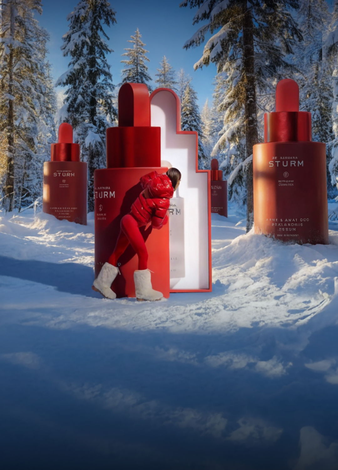A person in winter attire near large red lipstick structures in a snowy forest.