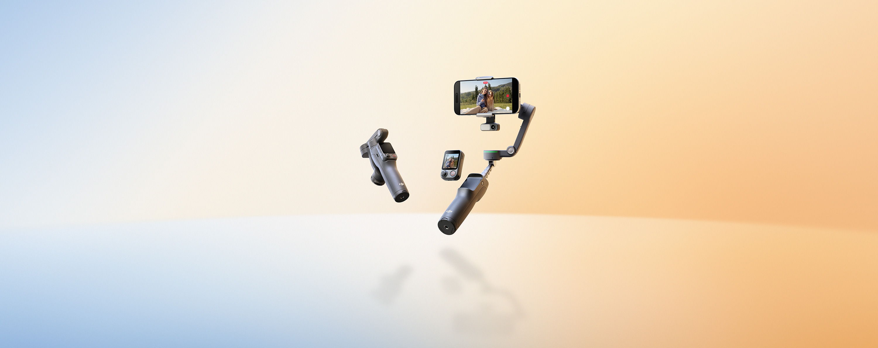 DJI Osmo Mobile 8P on a gradient background with blue and orange hues.