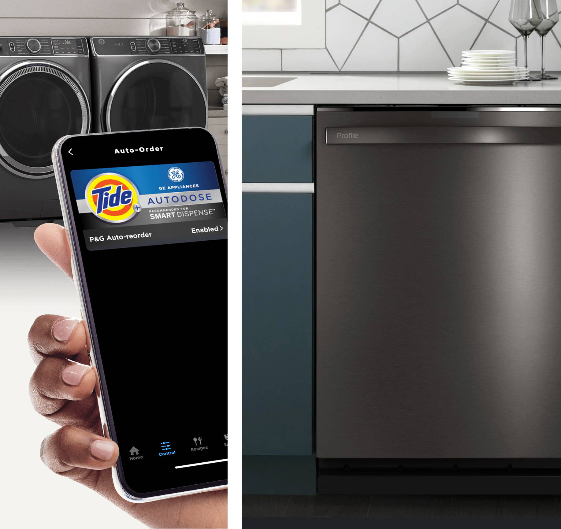Grid image of hand holding smartphone auto-ordering Tide detergent, and black stainless dishwasher installed.
