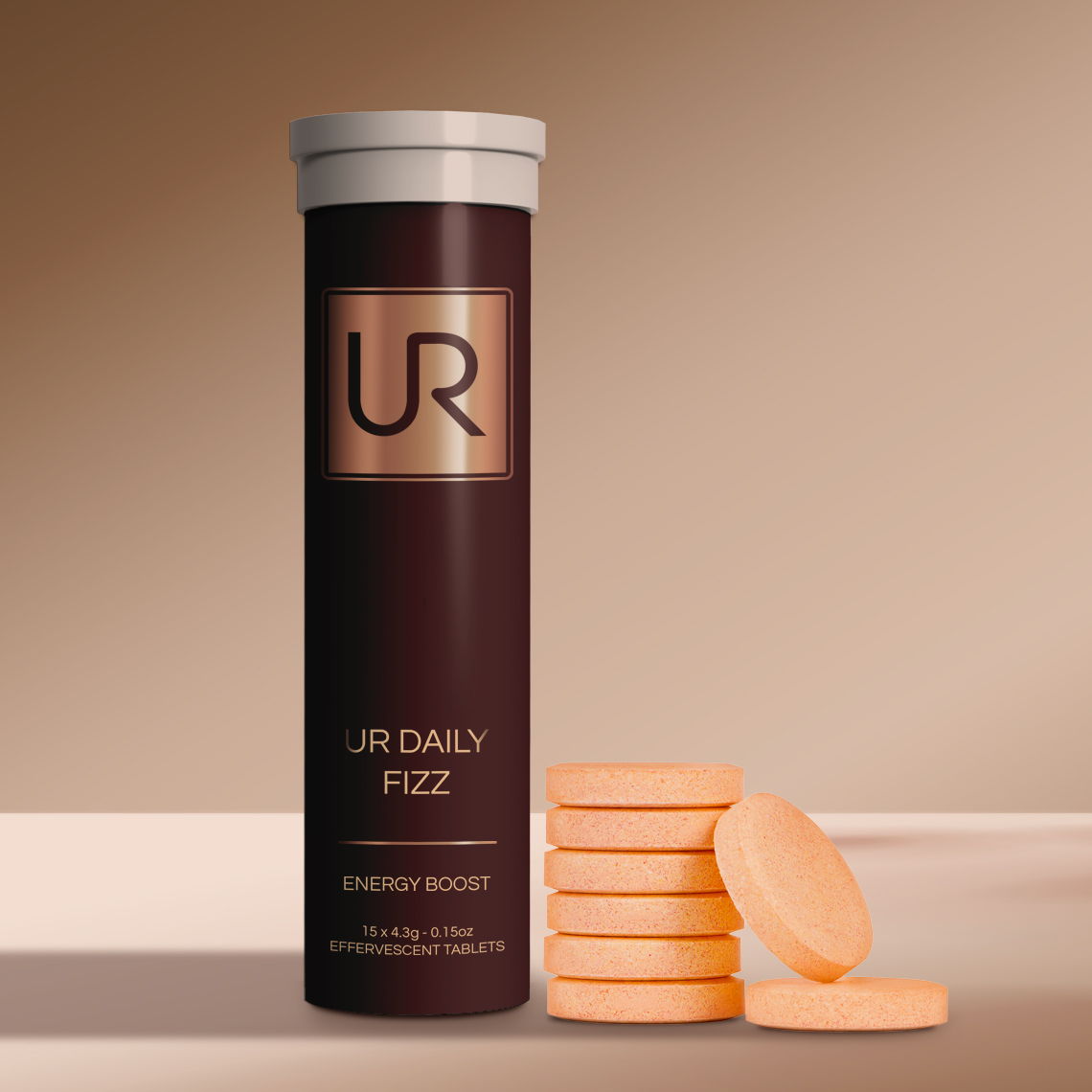 Container of UR Daily Fizz tablets with stacked tablets beside it.