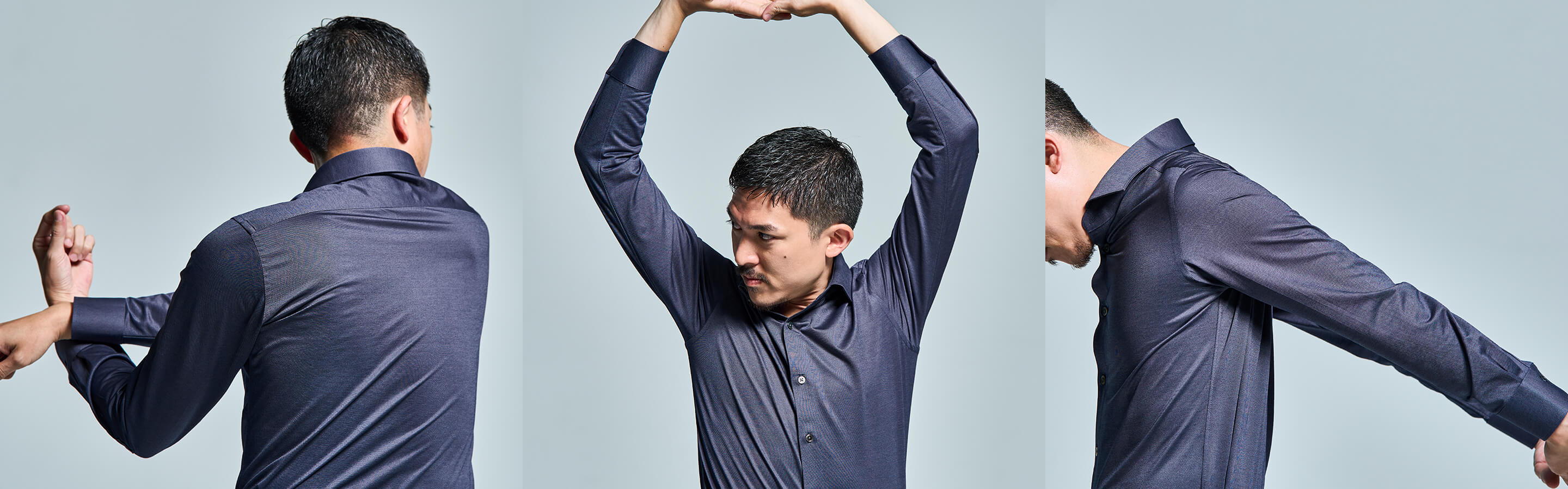 Three views of a man modeling a fitted navy shirt.