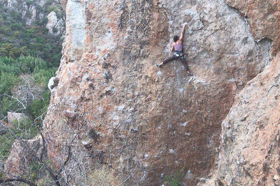 image of Ann climbing Pride 13a