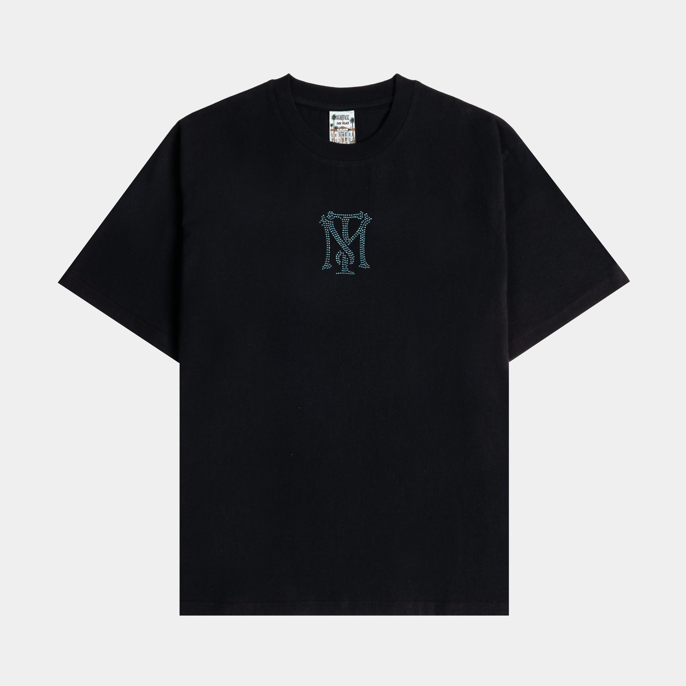 Black t-shirt with a small blue logo on the chest.