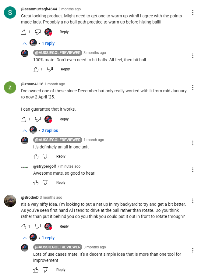 Great comments on the Aussie Golf Reviewer YouTube page