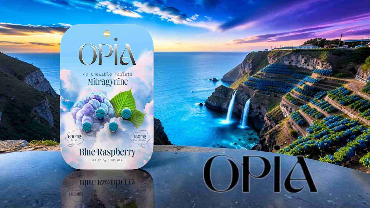 Product packaging against a scenic coastal backdrop with text 