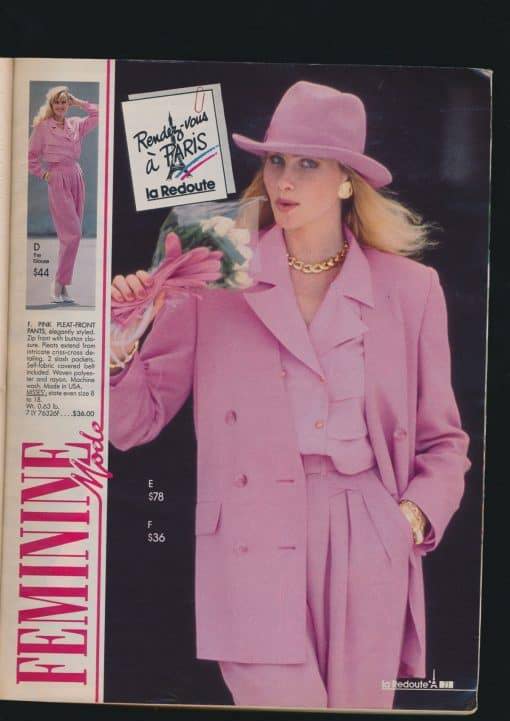 Sears 1992 Fall/Winter – this look is over the top and super 90s. Note the shoulder pads, the exaggerated lapel, and the Pepto-pink fedora.