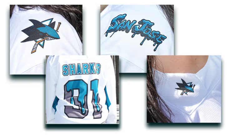 Close up details of Shark Freak jersey top
