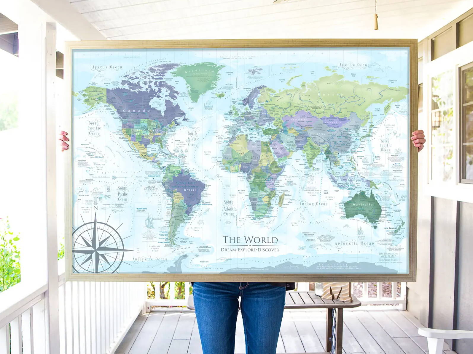 Handcrafted framed world map with push pins
