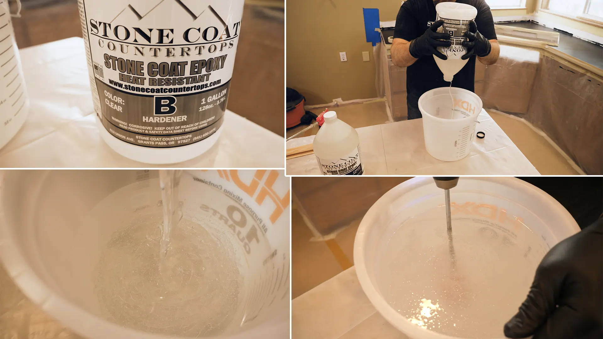 Mixing Stone Coat Countertop Epoxy at a 1:1 ratio, 3 ounces per square foot, for 2 minutes using a drill and paddle mixer.