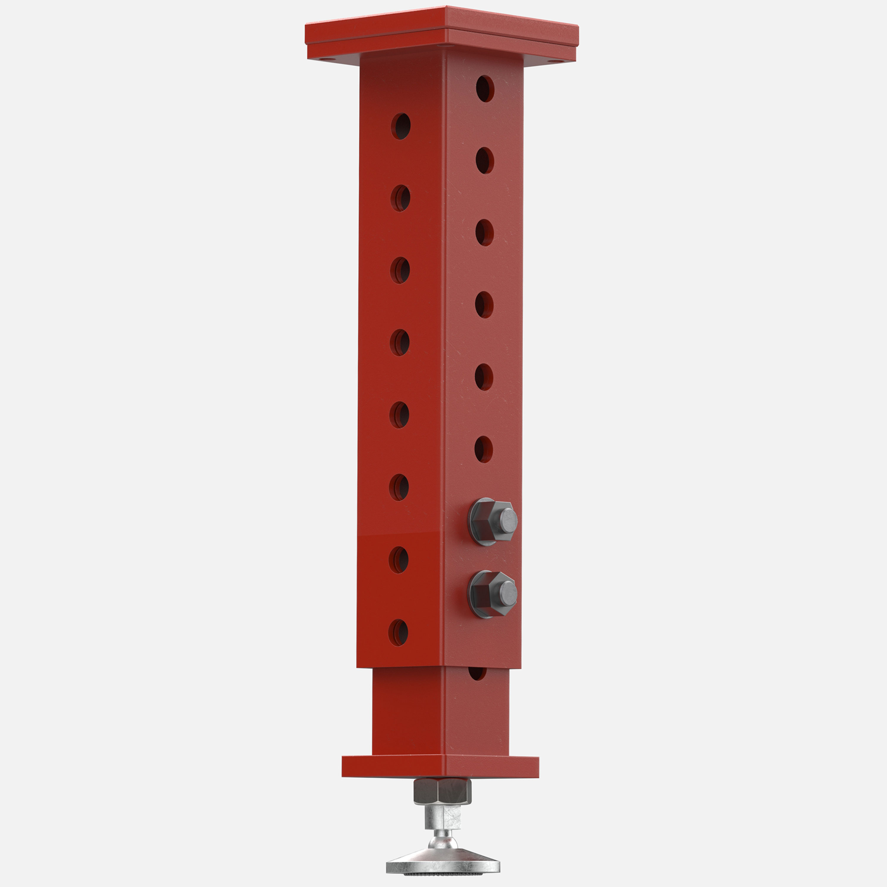 Red vertical support column with holes and adjustable base.