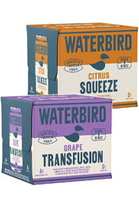 Two boxes of Waterbird drinks: Citrus Squeeze and Grape Transfusion.