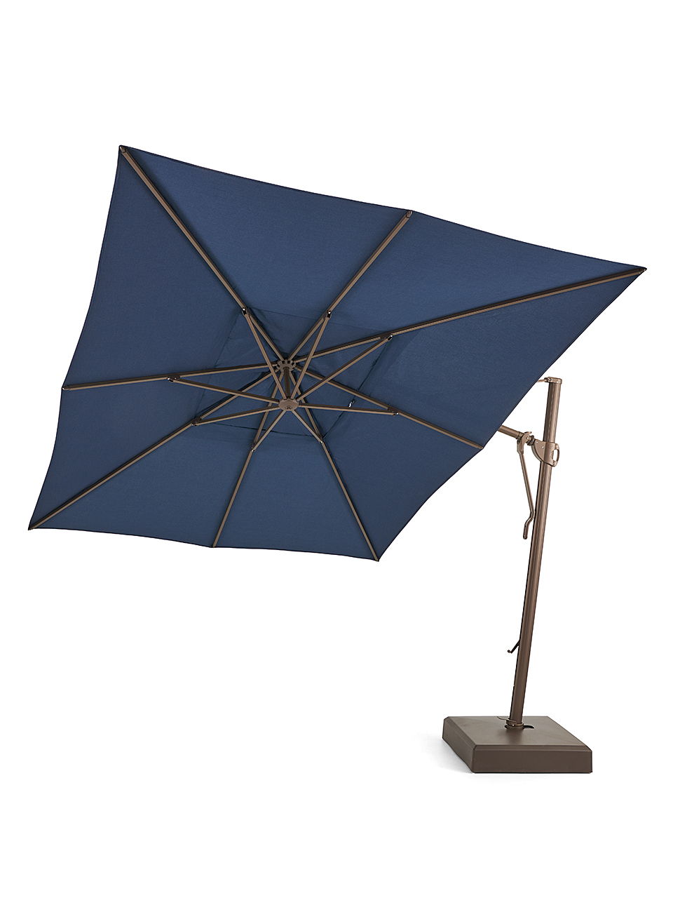A tilted outdoor umbrella with a dark blue canopy and a sturdy base.