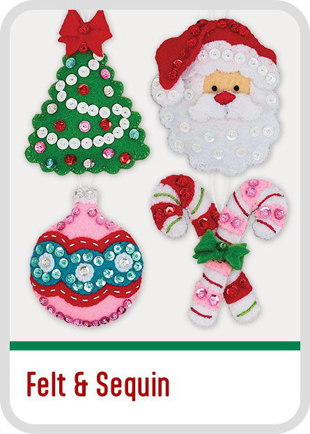 Christmas-themed felt and sequin decorations: tree, Santa, ornament, and candy canes. Christmas Felt & Sequin kits