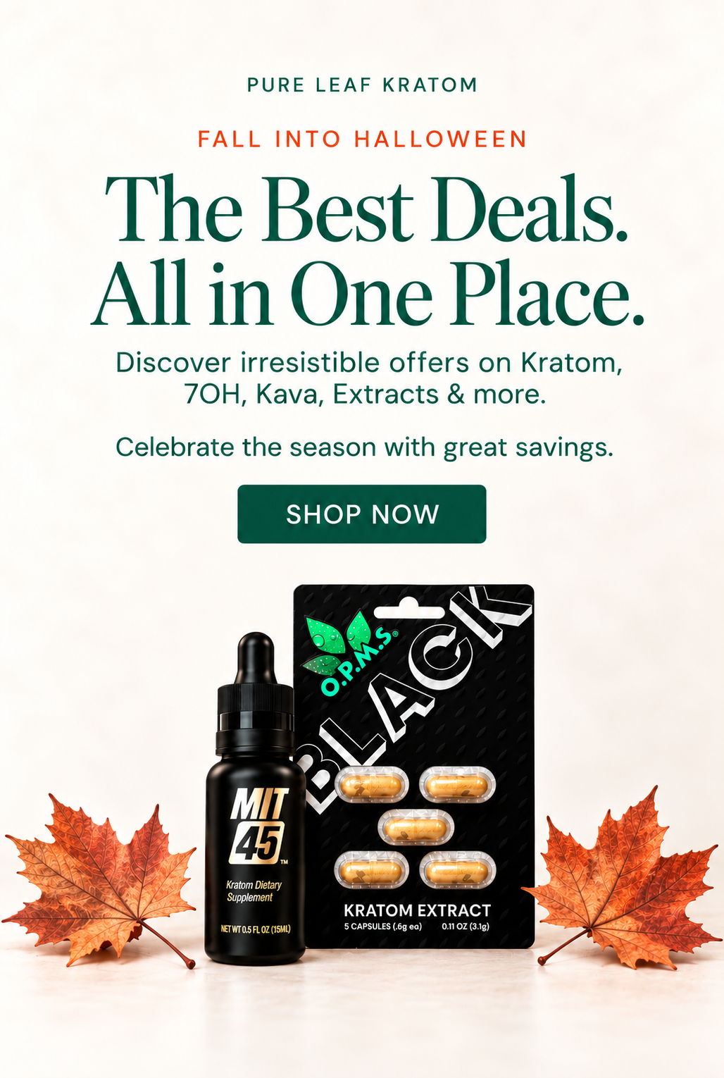 Promotional image for kratom products with Halloween theme and discount offers.