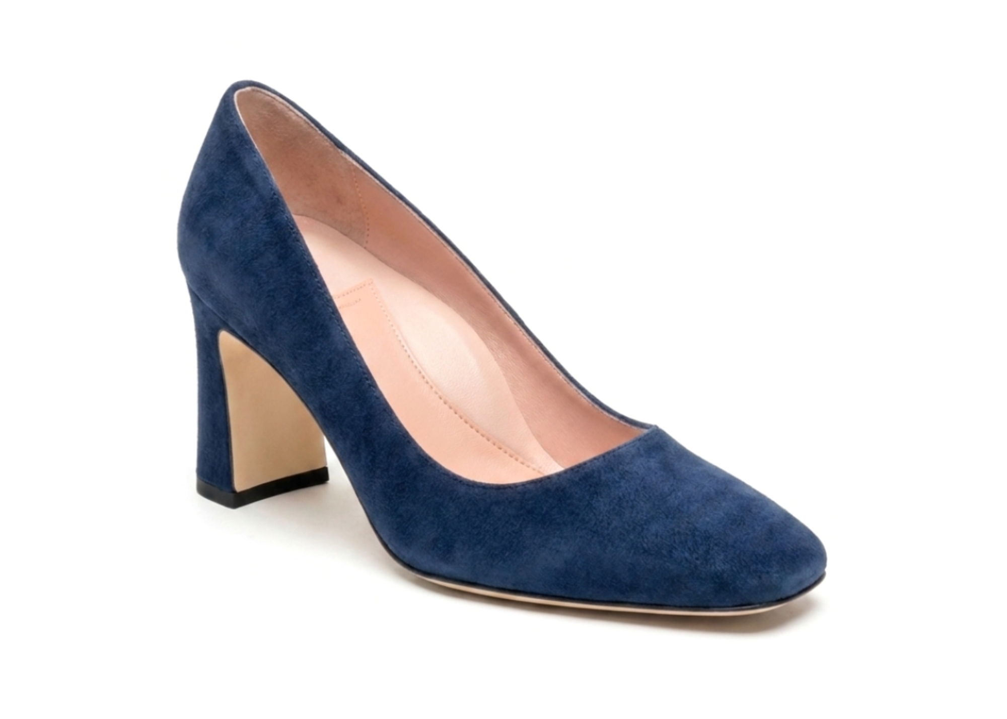 Navy blue suede high heel shoe with a chunky heel.