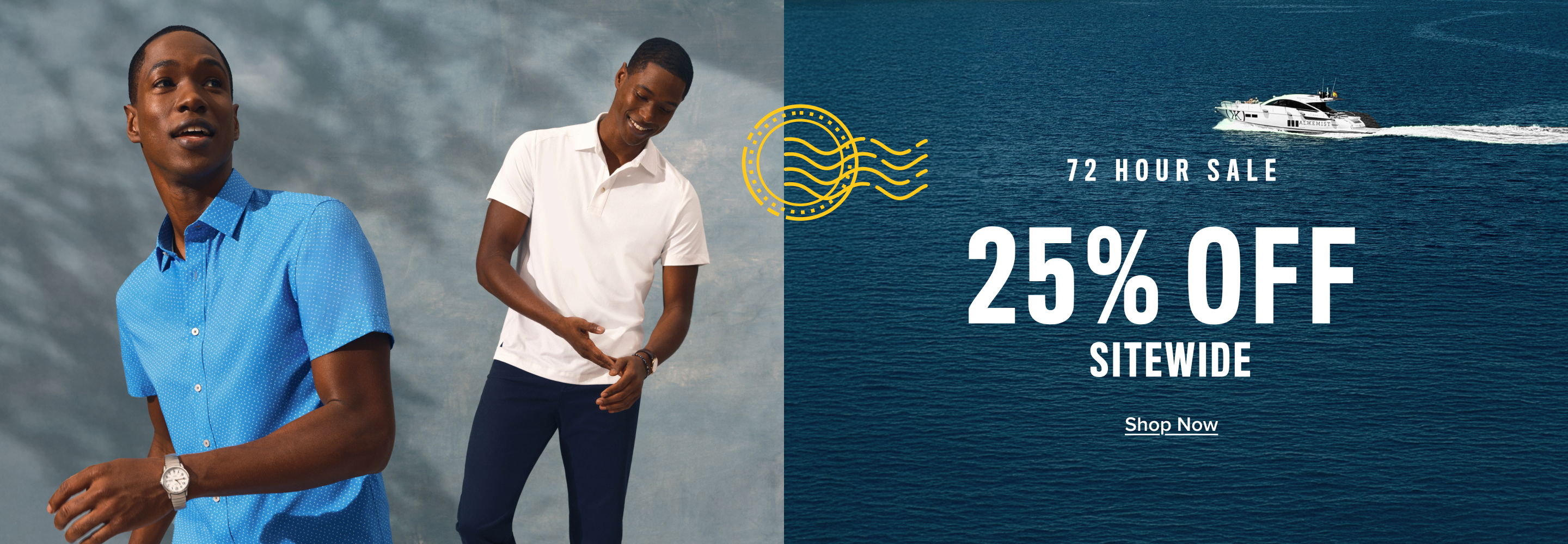Two men in casual shirts promoting 25% off summer apparel.