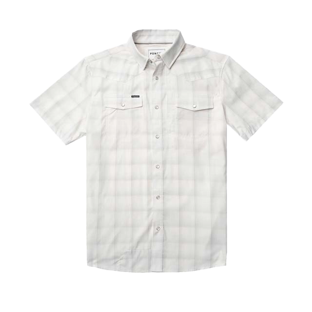 Short-sleeved plaid shirt in white and light colors.