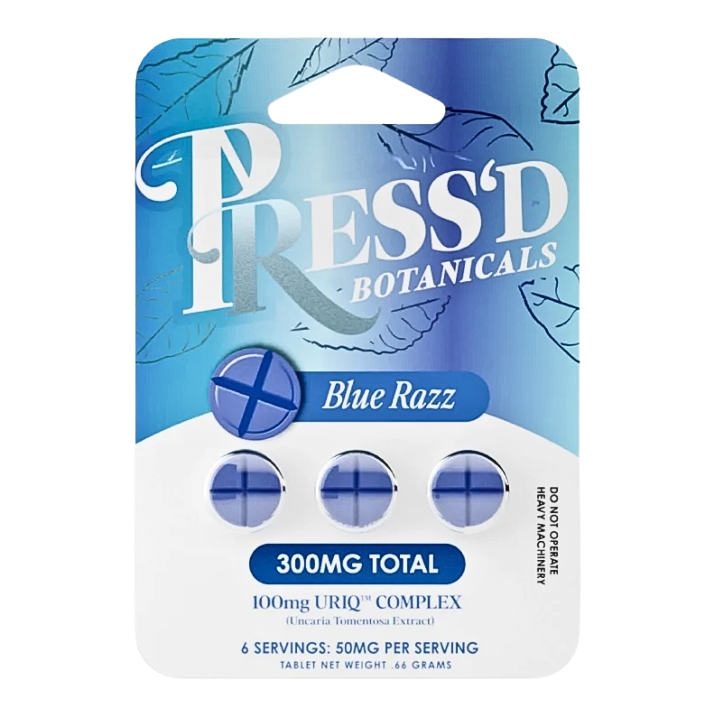 Packaging for Press'd Botanicals Blue Razz with four blue tablets.
