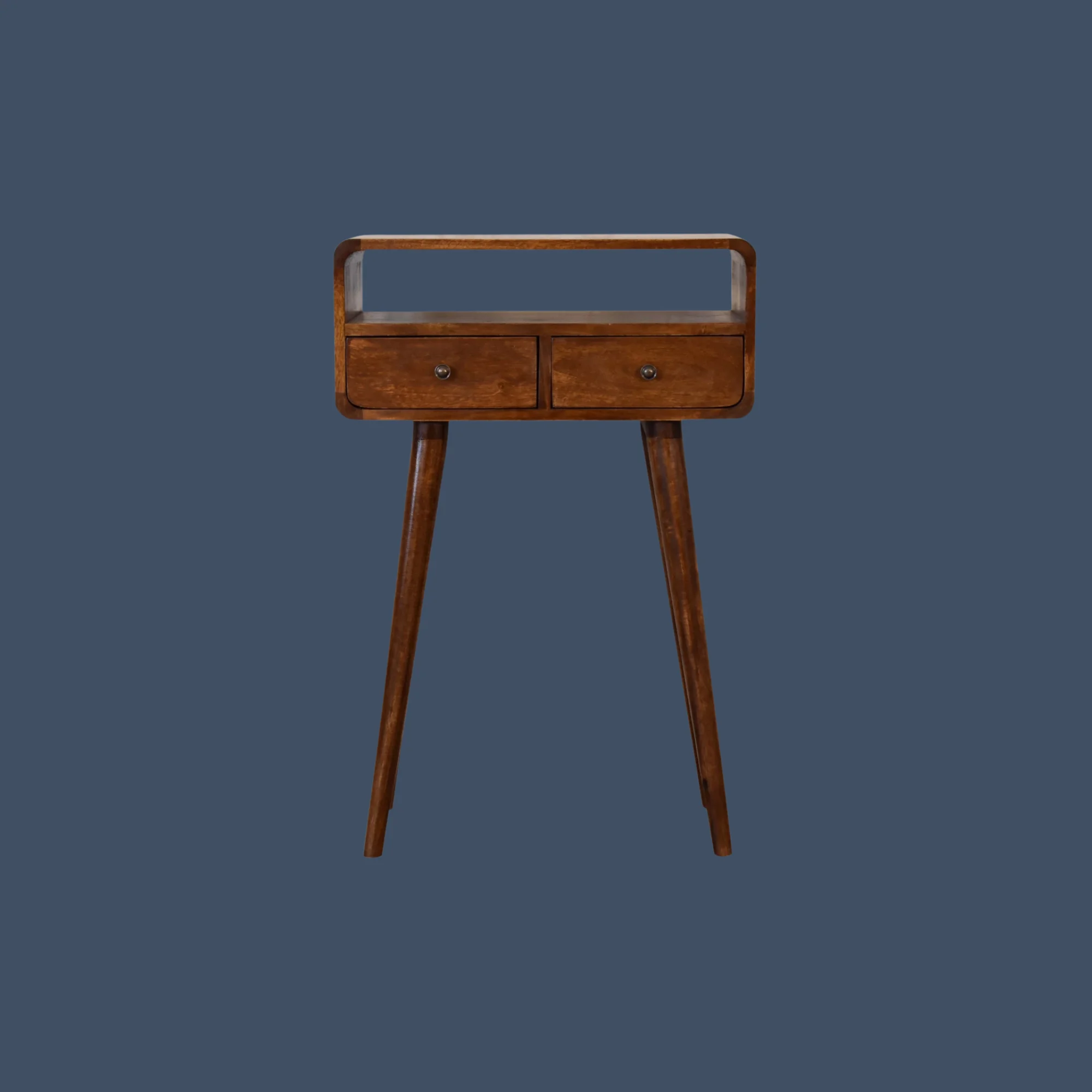 Mini Century Handmade Solid Wood 2 Drawer Compact Console Table in Deep Chestnut | MalletandPlane.com