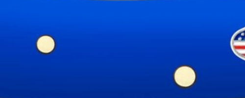 Blue background with two yellow circles and an American flag emblem.