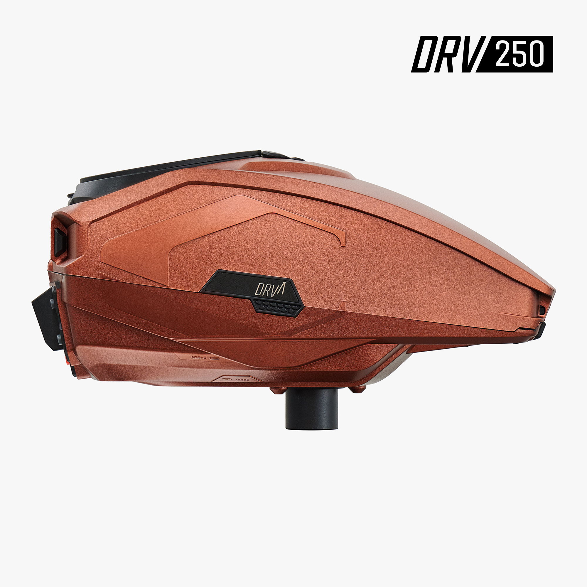 Bronze paintball loader with a sleek design, labeled DRV 250.