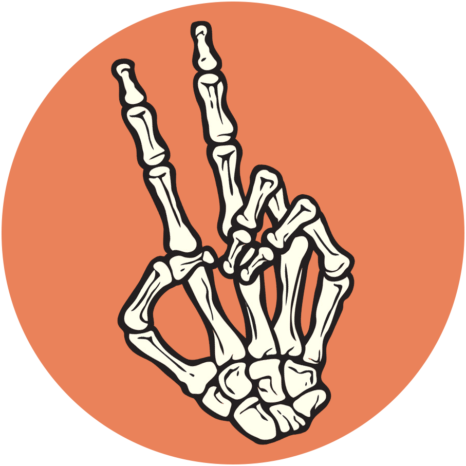 A skeleton hand giving a peace sign.