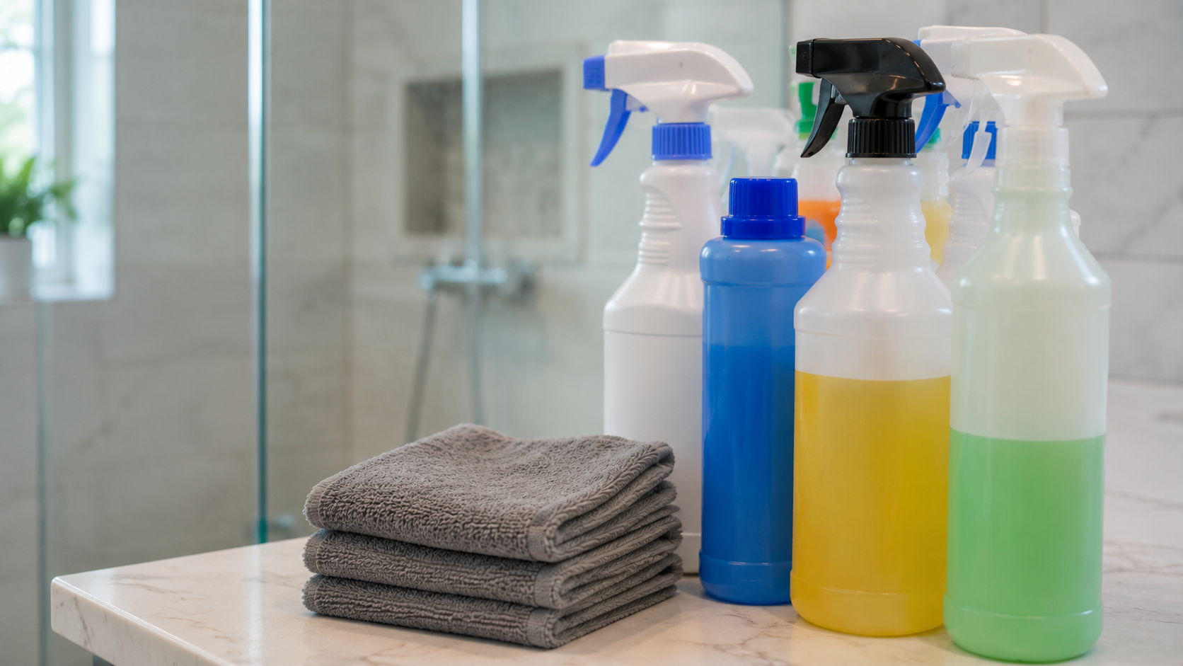 A variety of cleaning products and cloths on a bathroom counter.