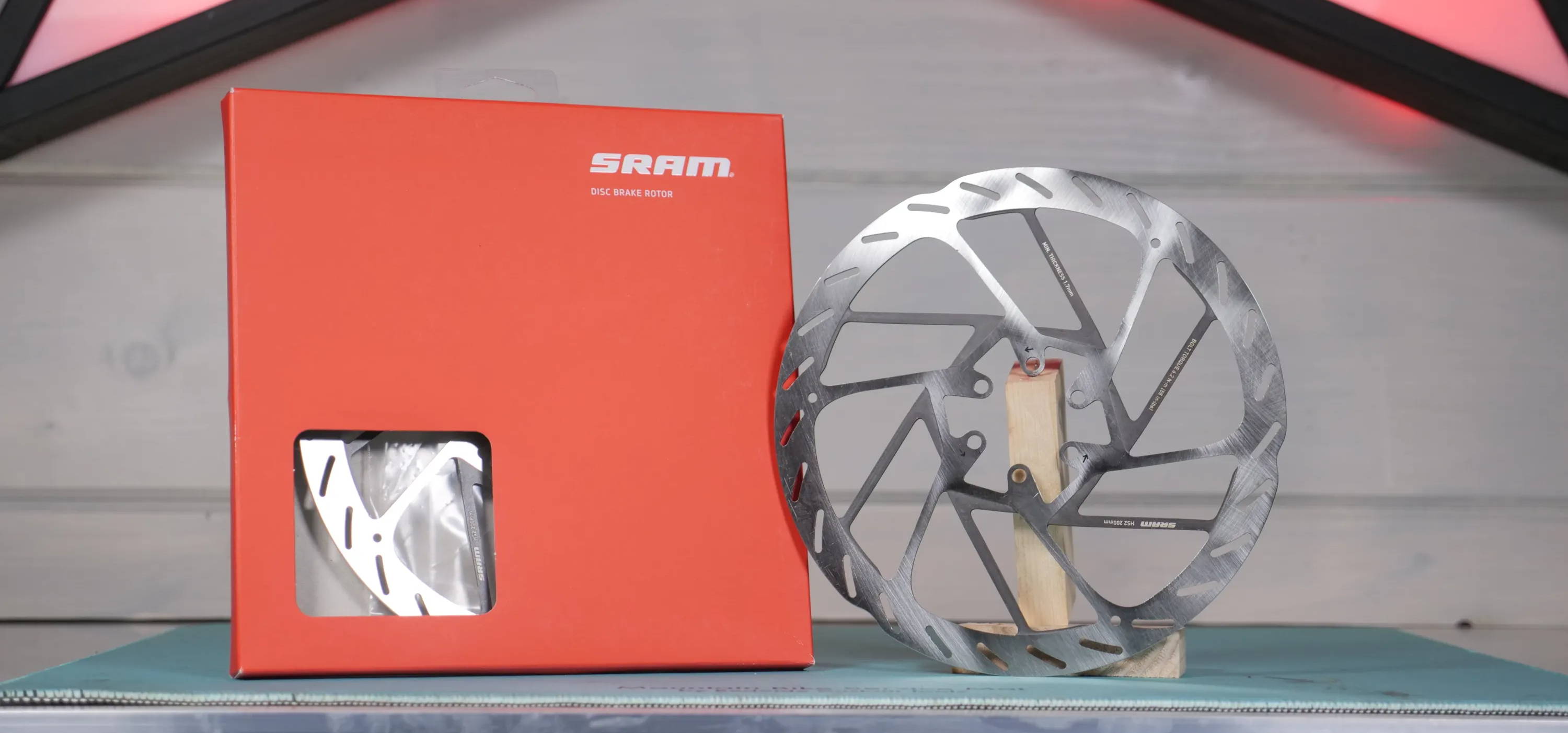 sram hs2 mountain bike rotors on a teal work mat