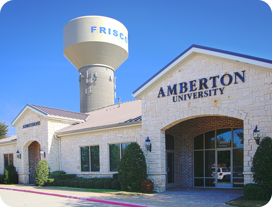 Amberton University building with water tower in the background.