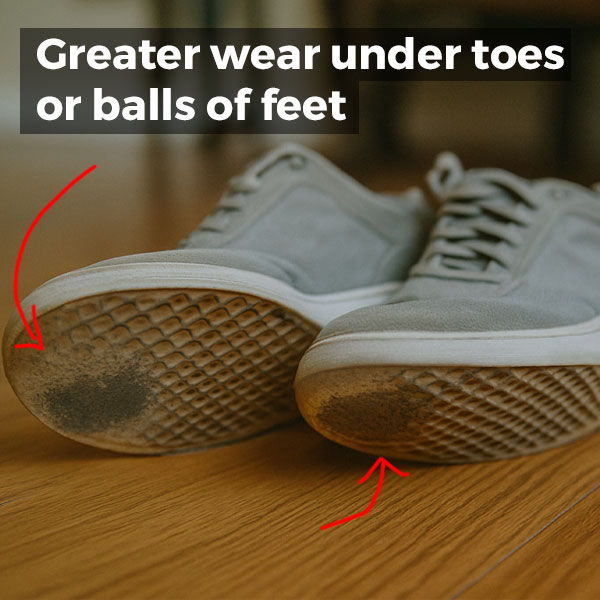 Worn out shoe soles indicating greater wear under toes or balls of feet.