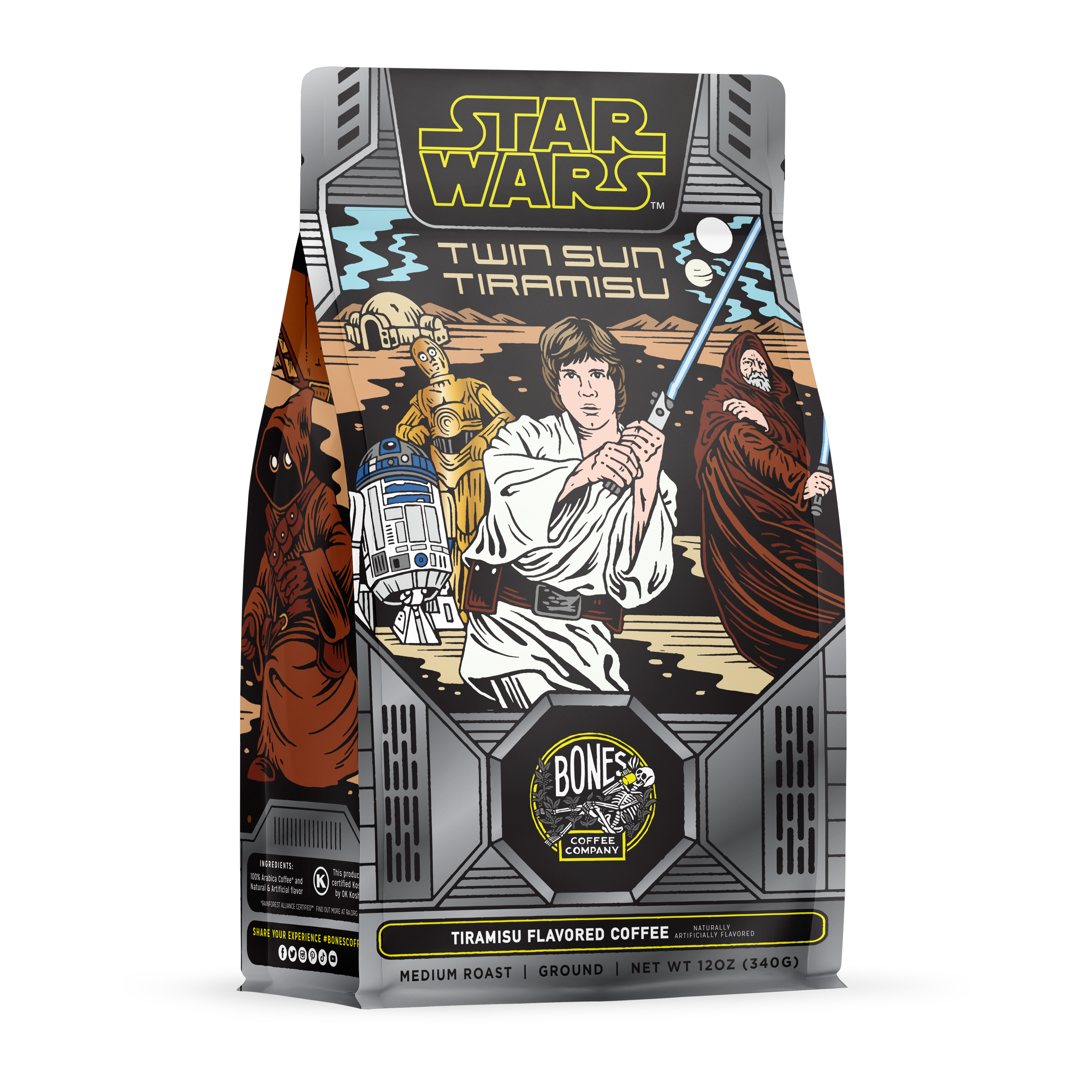 The front of a 12 ounce bag of Bones Coffee Company Twin Sun Tiramisu flavored coffee. Its flavor is tiramisu, and its art shows Luke Skywalker, R2D2, C3PO, and Obi Wan Kenobi on it.