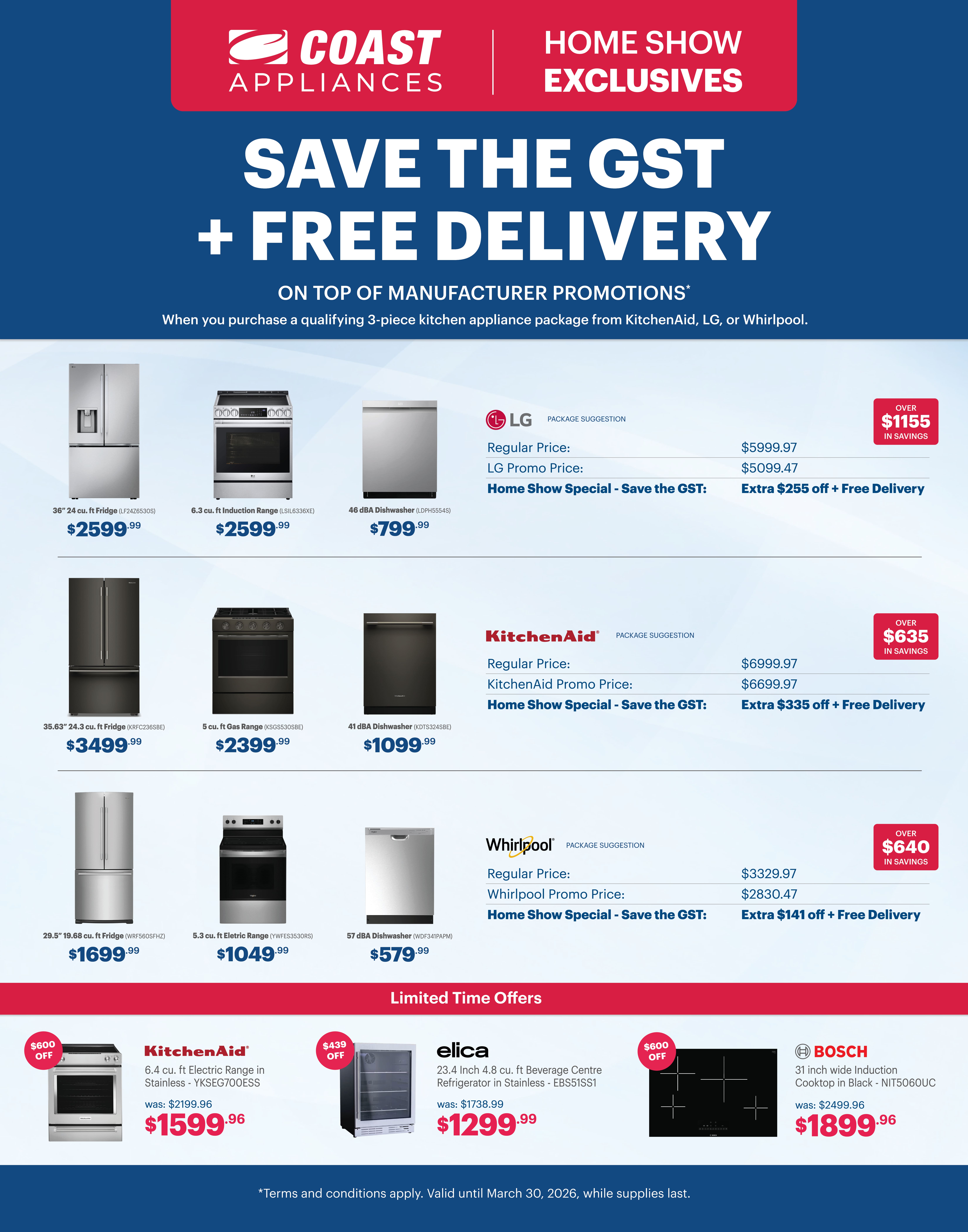 Appliance sale advertisement with prices, promotions, and free delivery information.