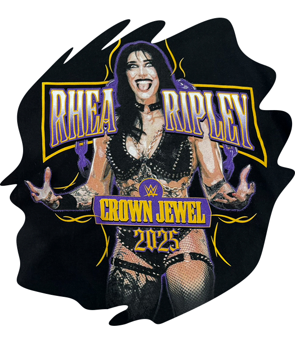 Index screen printed “Rhea Ripley Crown Jewel 2025” wrestling graphic on black t-shirt using bold purple, yellow and skin tone inks to achieve detailed shading and retro band tee style finish