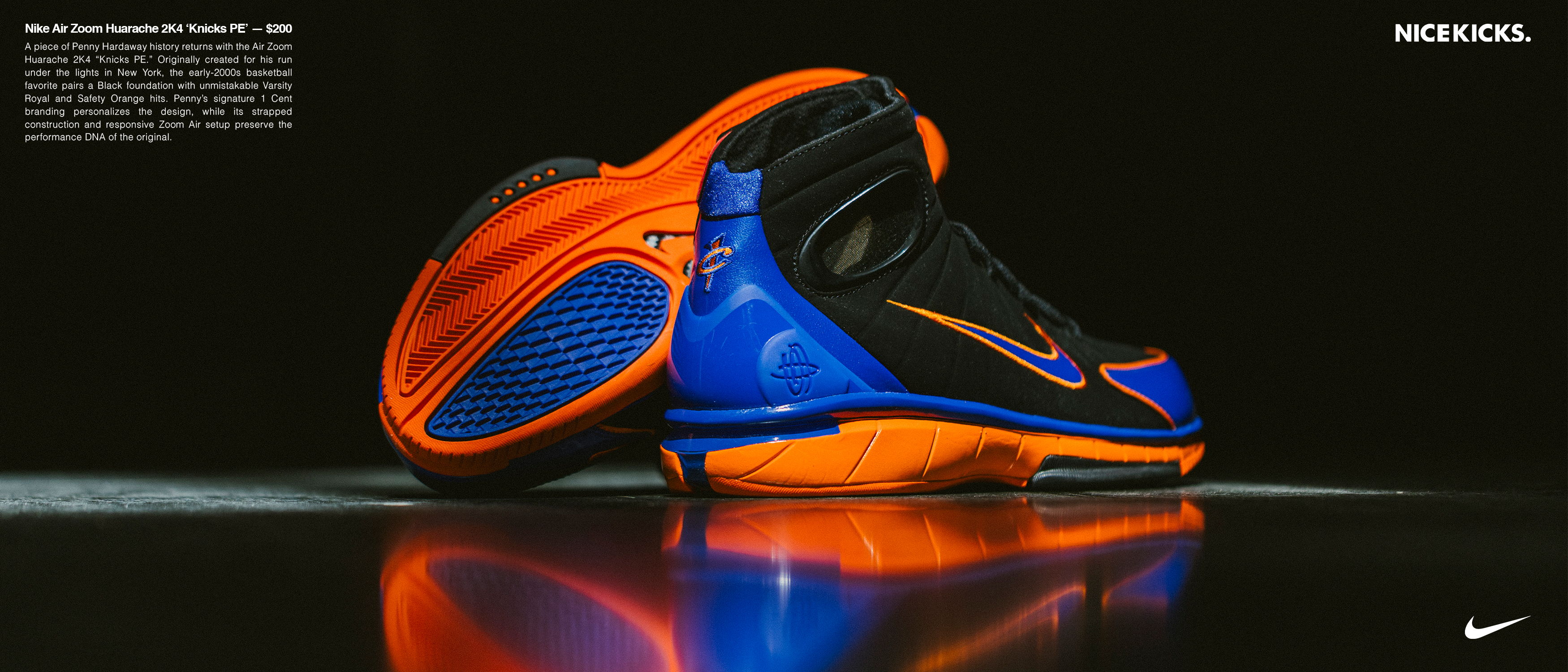 Nike shoes in blue and orange against a dark background.