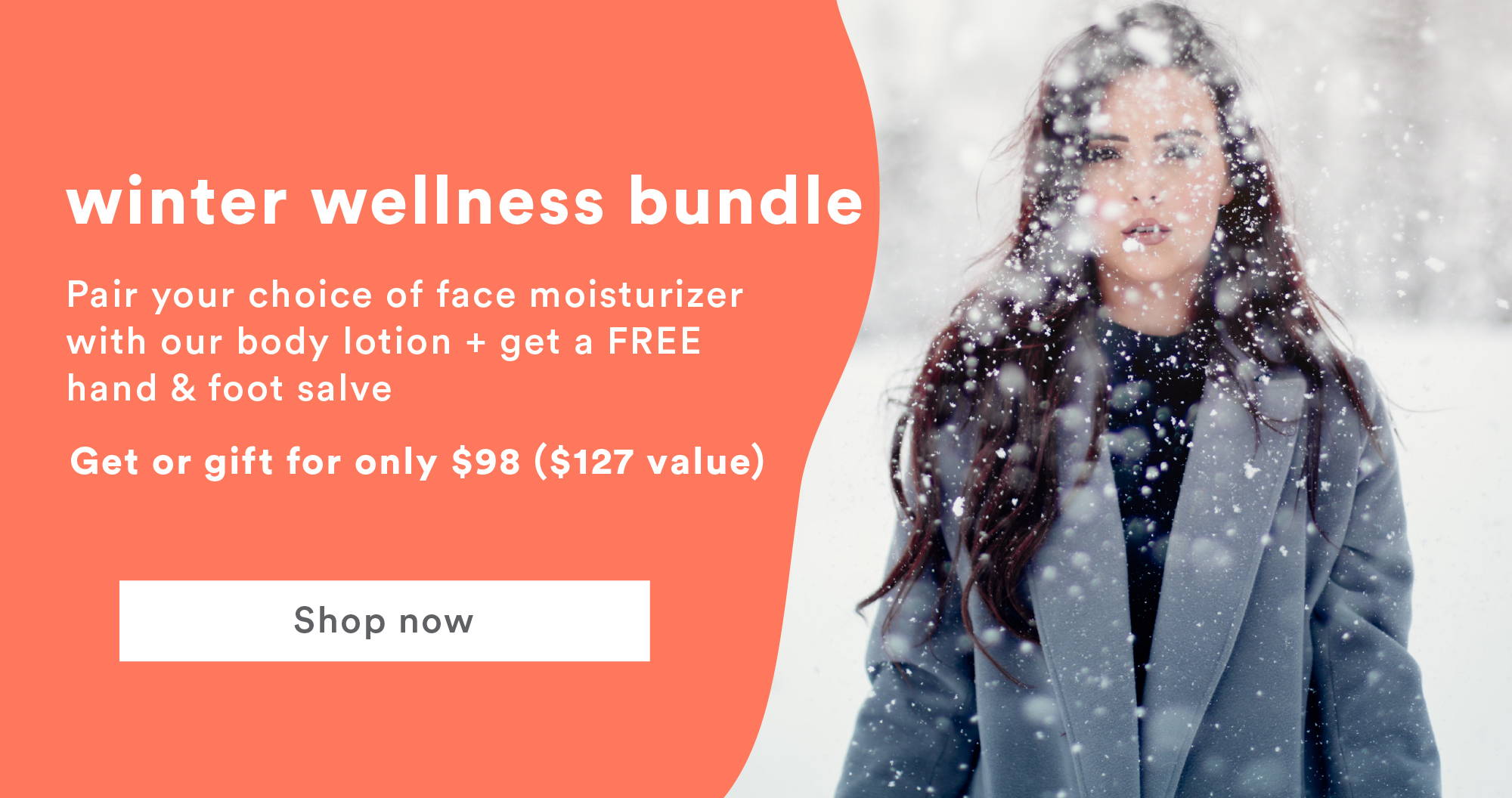 Woman standing in snow. Winter Wellness Bundle $99