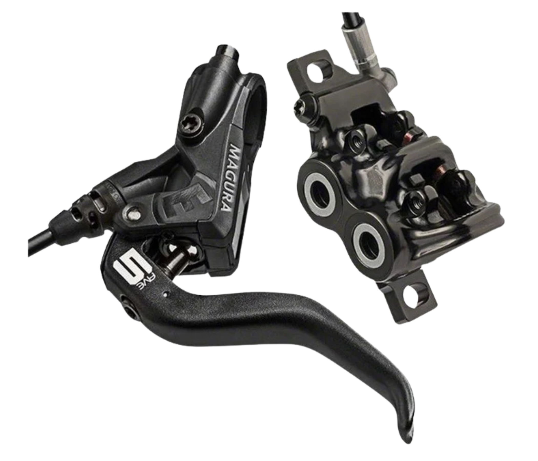 Bike brake lever and caliper components in black.