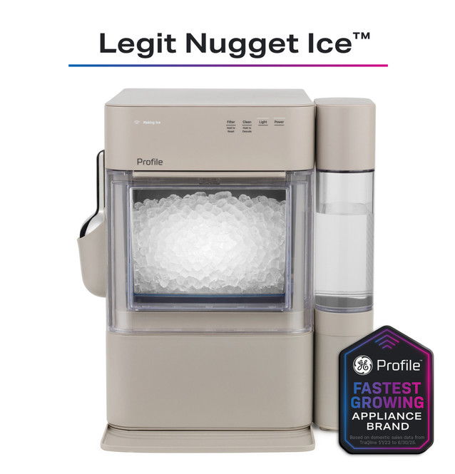 Nugget Ice maker producing nugget ice with branding and logo.